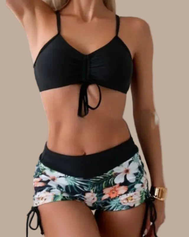 Damen-Bikini-Set – gerafftes Crop-Top &amp; hoch taillierte Shorts mit Blumenmuster
