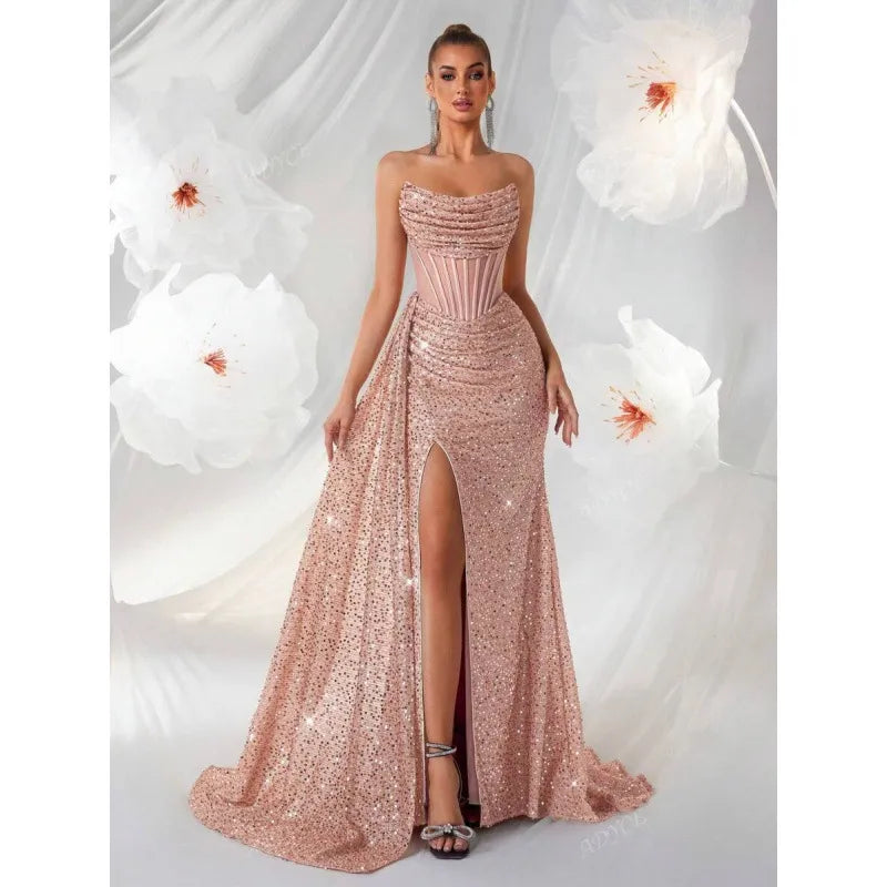 Women's Long Dress with Off-the-Shoulder Design – Pleated Herringbone and Cutouts