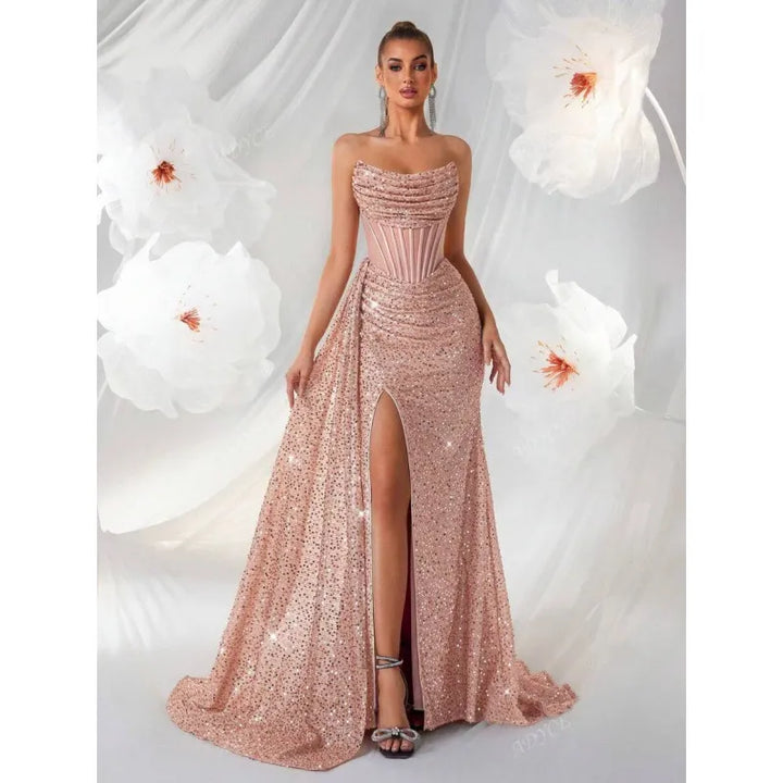 Women's Long Dress with Off-the-Shoulder Design – Pleated Herringbone and Cutouts