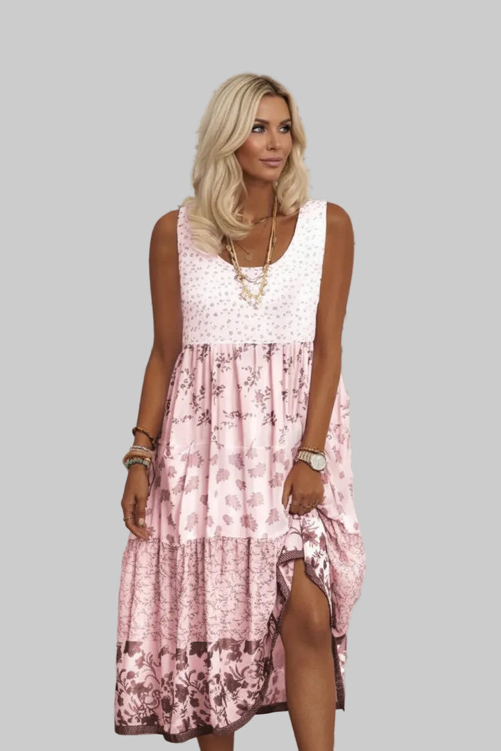 Langes Damenkleid mit Blumenmuster – Weite, ärmellose Passform