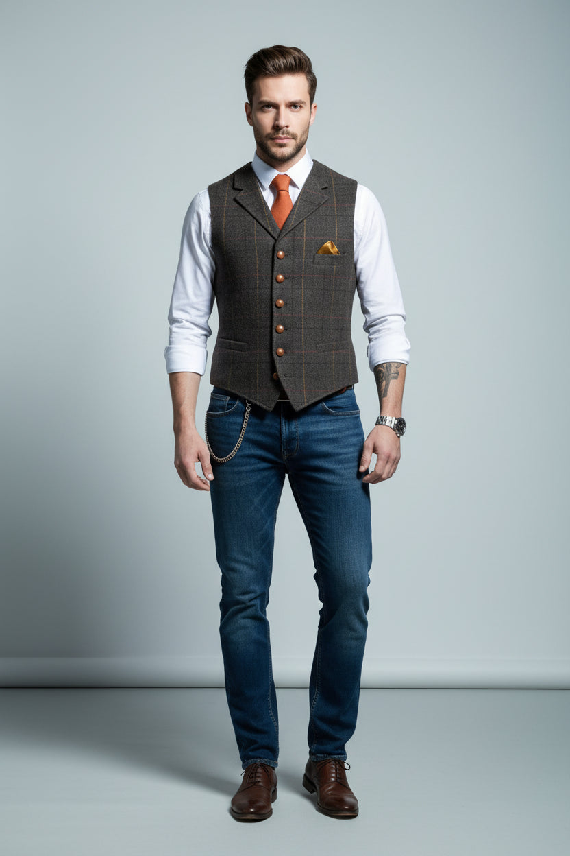 Gilet Homme Slim à Carreaux – Col à Revers Élégant