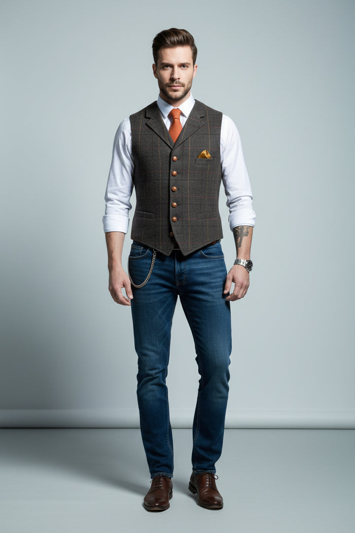 Gilet Homme Slim à Carreaux – Col à Revers Élégant