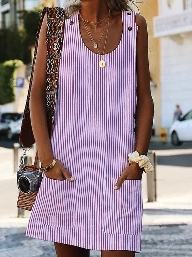 Vestito casual da donna a righe – collo rotondo e dettagli con bottoni