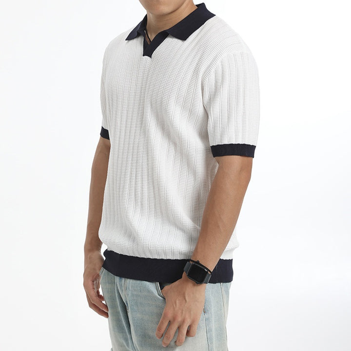 Polo da uomo in maglia coste – Collo a V con bordo a contrasto