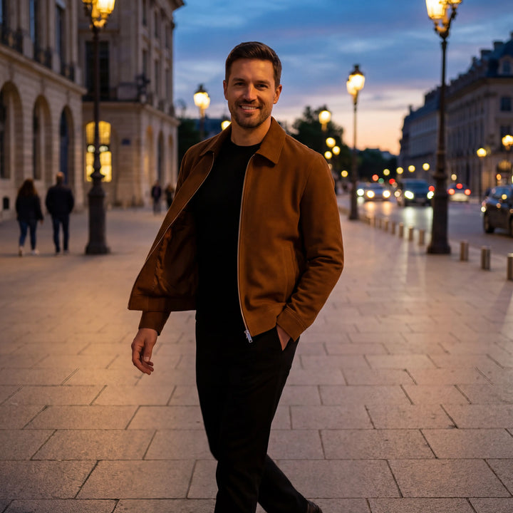 Kurze Herrenjacke aus Wildleder, weiter Schnitt