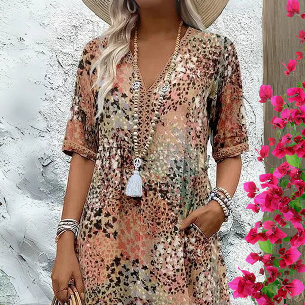 Leichte Damen Midi-Bohème-Kleid – V-Ausschnitt, lockerer Schnitt