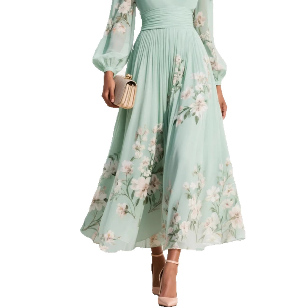 Damen Maxikleid aus Chiffon – Lange Ärmel Ausgestellter, plissierter Schnitt