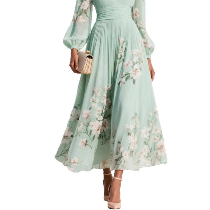 Damen Maxikleid aus Chiffon – Lange Ärmel Ausgestellter, plissierter Schnitt