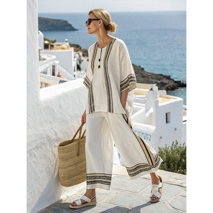 Claire Mode | Completo pantaloni donna due pezzi stampato in tessuto intrecciato