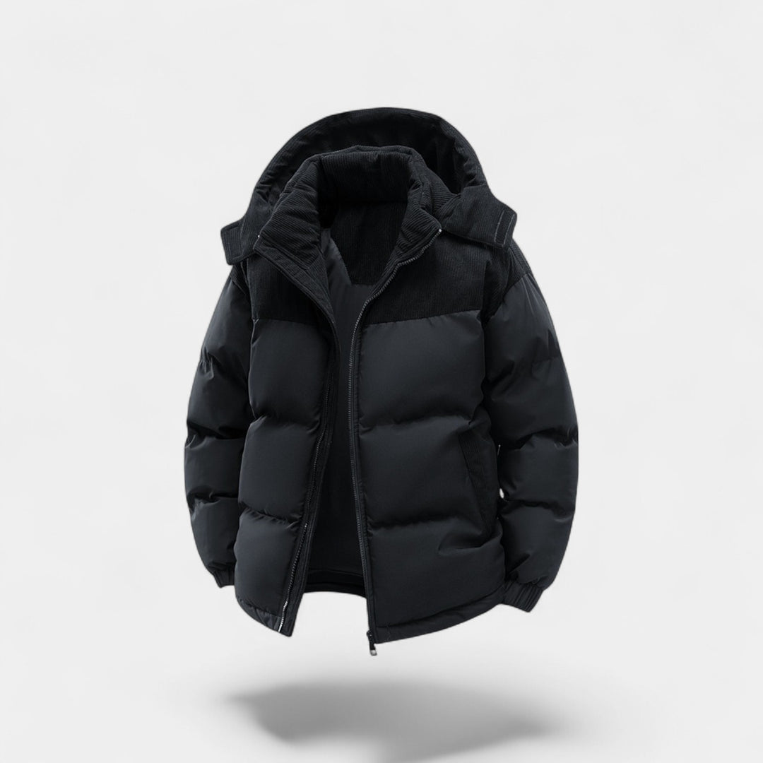 Herren Daunenjacke mit abnehmbarer Kapuze aus Baumwolle – verstärkt, raffiniert, winterliche Silhouette