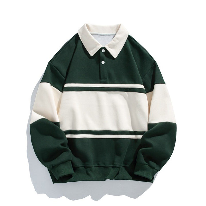 Herren Sweatshirt aus Baumwollmischung – Gestreiftes Muster Weite Passform Polokragen