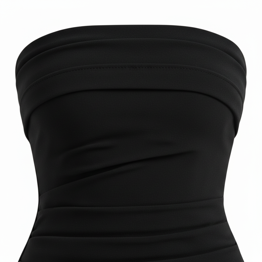 Langes Damenkleid Bustier ohne Träger – gerafft mit hohem Schlitz