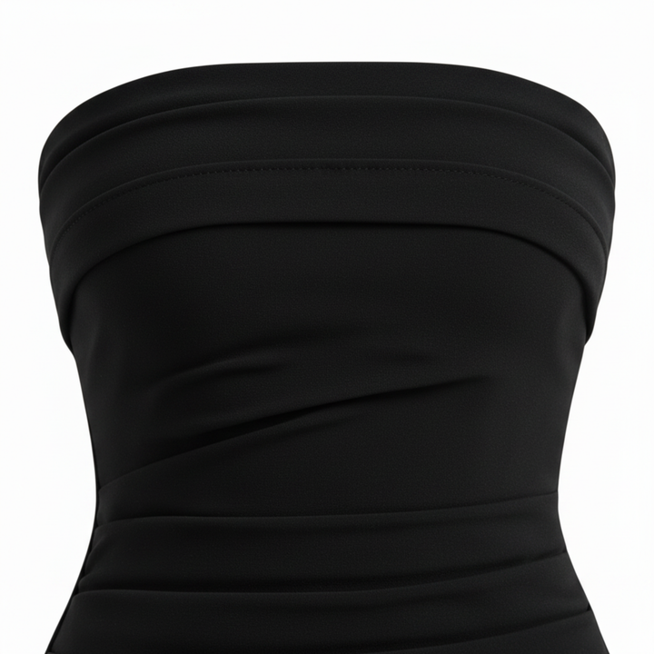 Langes Damenkleid Bustier ohne Träger – gerafft mit hohem Schlitz