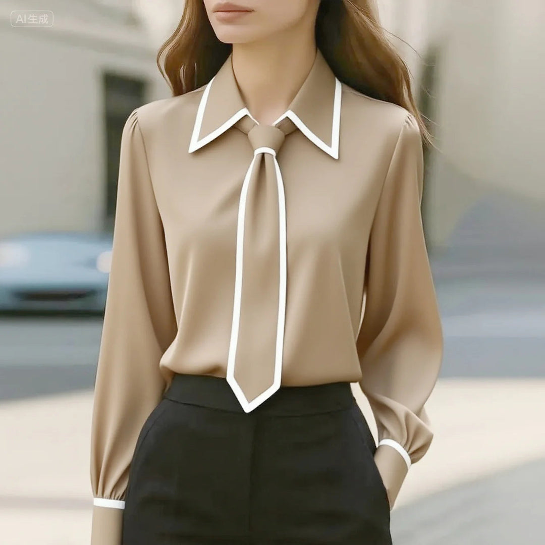 Women's Blouse with Tied Collar – Contrasting Edges Long Sleeves