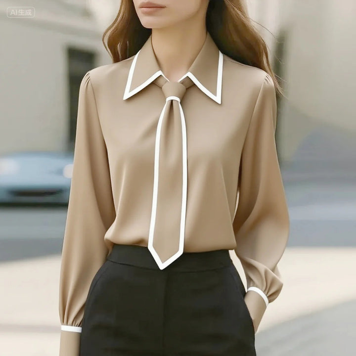 Women's Blouse with Tied Collar – Contrasting Edges Long Sleeves