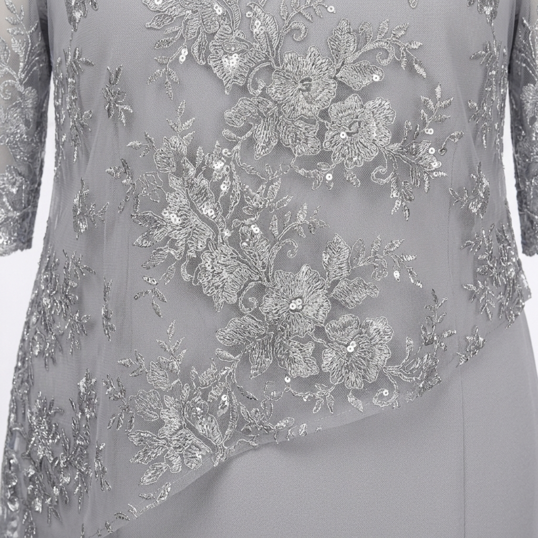 Robe Midi Femme à Broderie Florale – Manches en Dentelle Coupe Droite