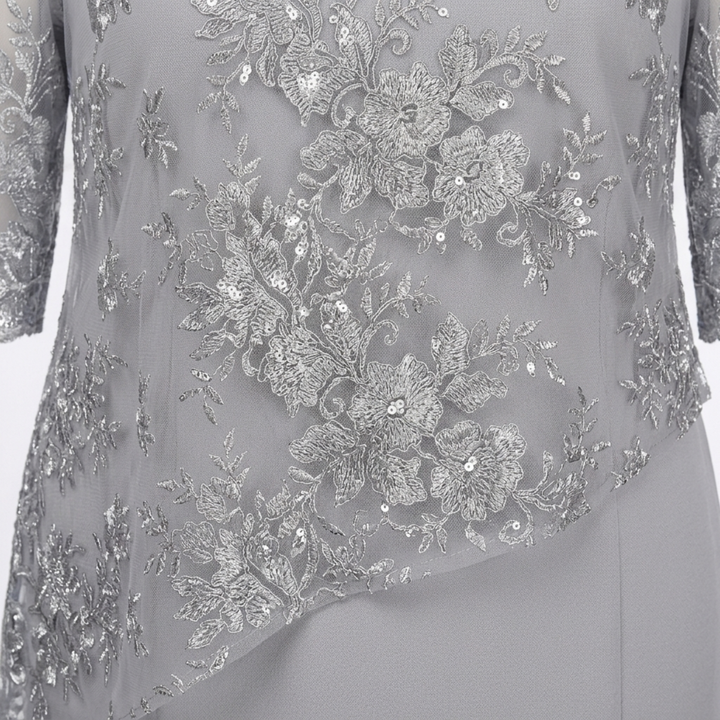 Robe Midi Femme à Broderie Florale – Manches en Dentelle Coupe Droite