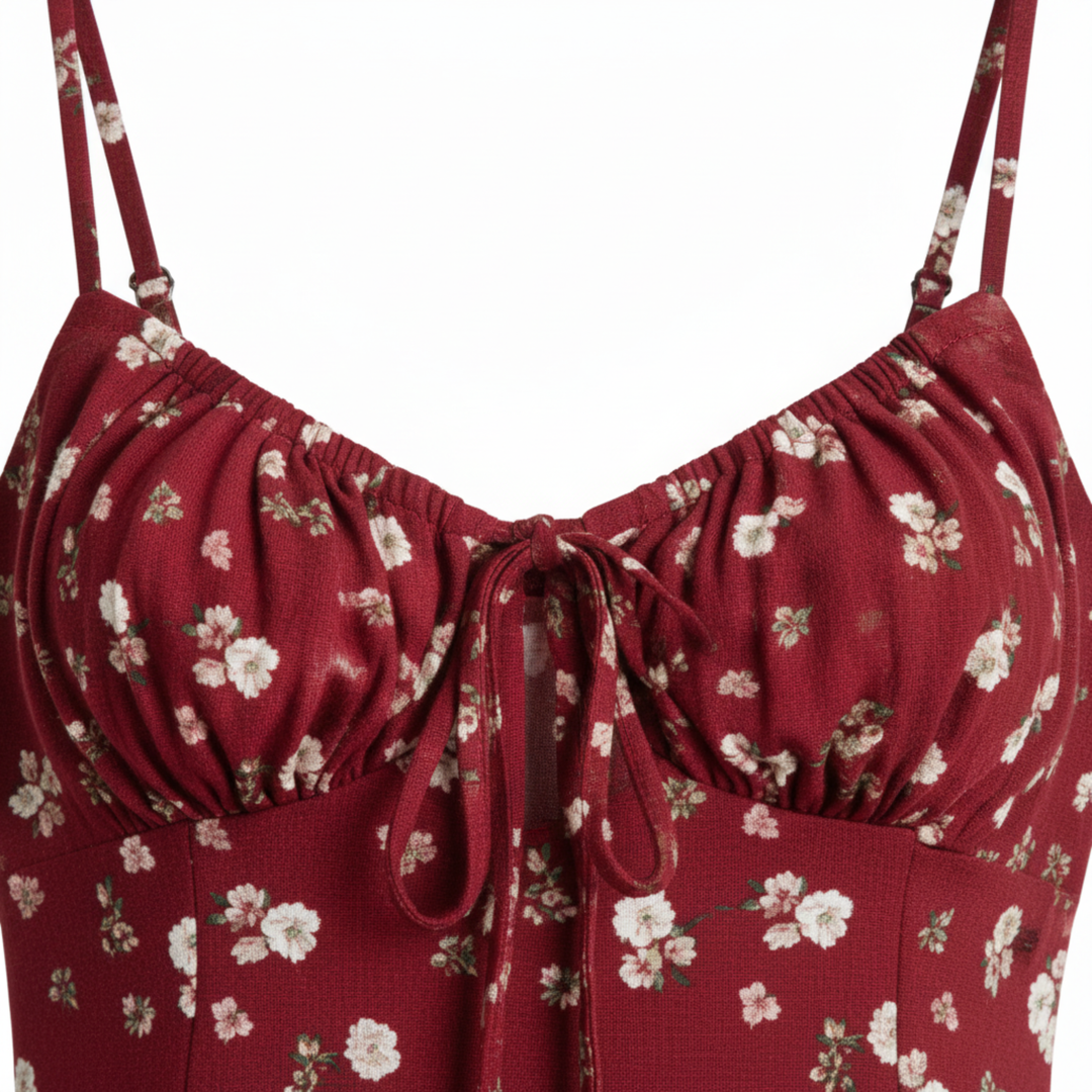 Abito midi donna floreale – spalline sottili, fiocco e spacco laterale