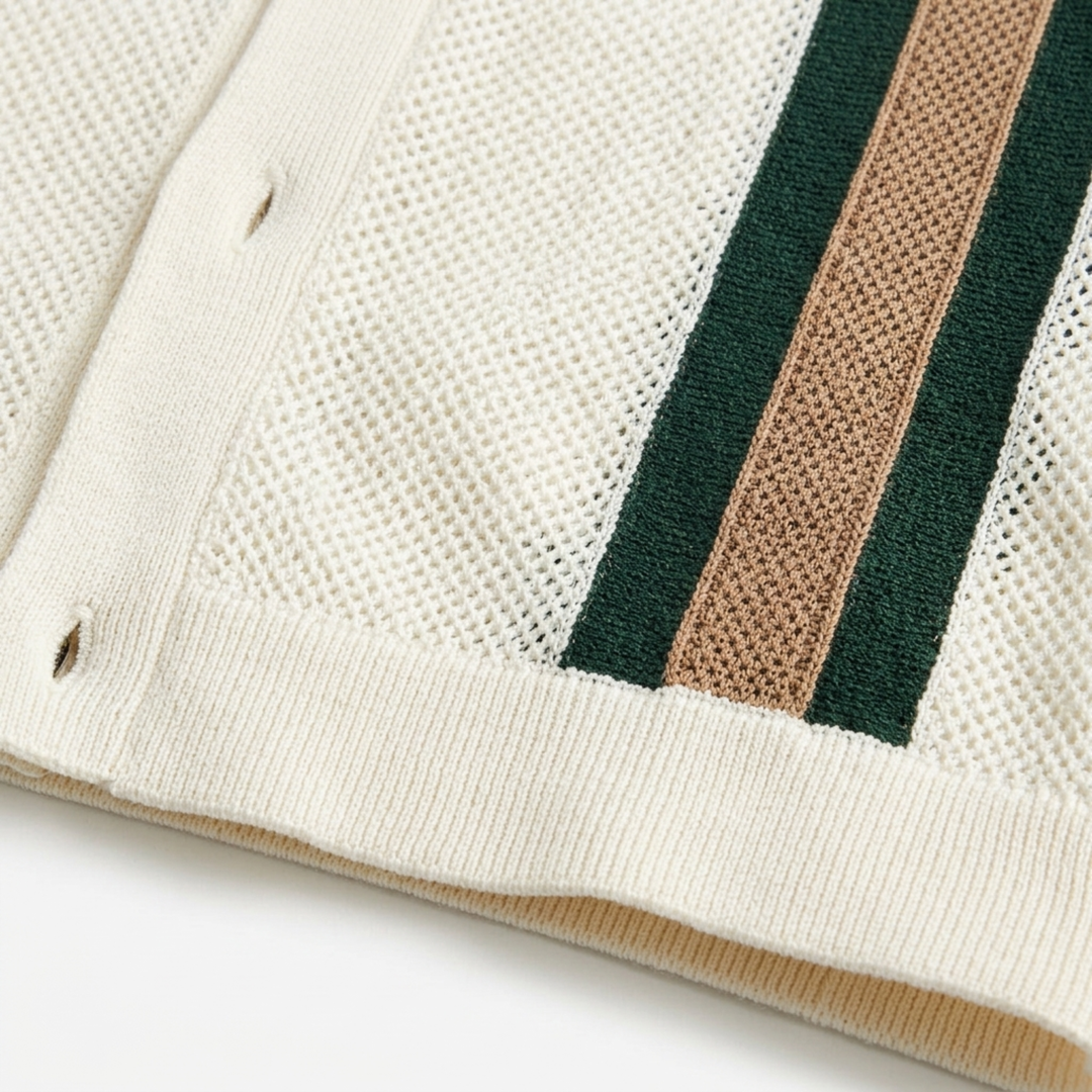 Polo Homme en Maille Ajourée – Rayures Verticales Style Vintage