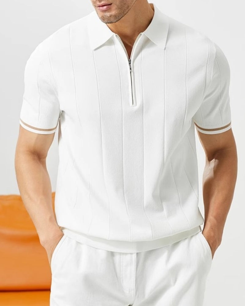 Polo uomo in maglia a righe – Collo con zip e polsini a contrasto