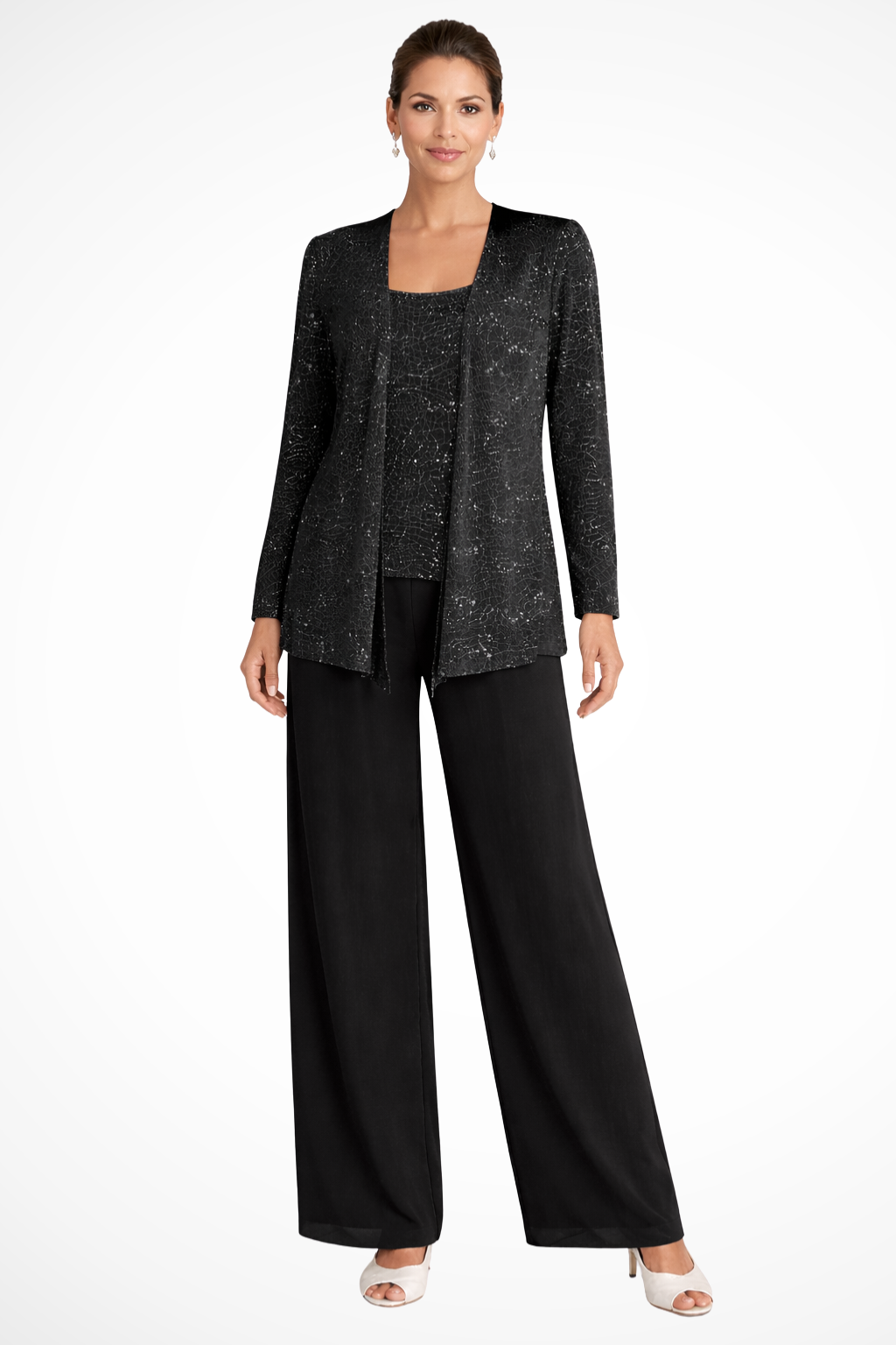 Completo Donna Tre Pezzi con Paillettes e Pizzo – Pantaloni Larghi