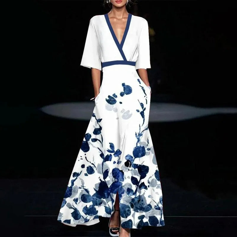 Maxikleid Damen A-Linie mit Blumen – V-Ausschnitt tailliert