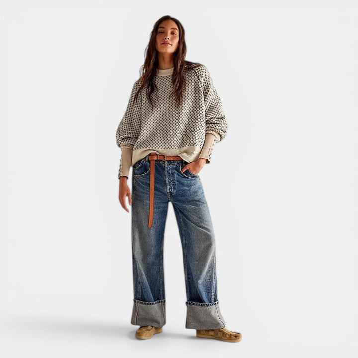 Maglione donna in maglia jacquard – collo tondo e finiture a coste | maglia strutturata