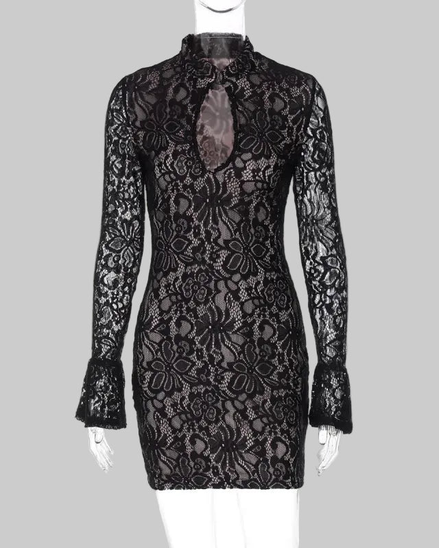 Mini-Kleid für Damen aus Spitze mit Cut-Outs – Eng anliegende Langarmversion