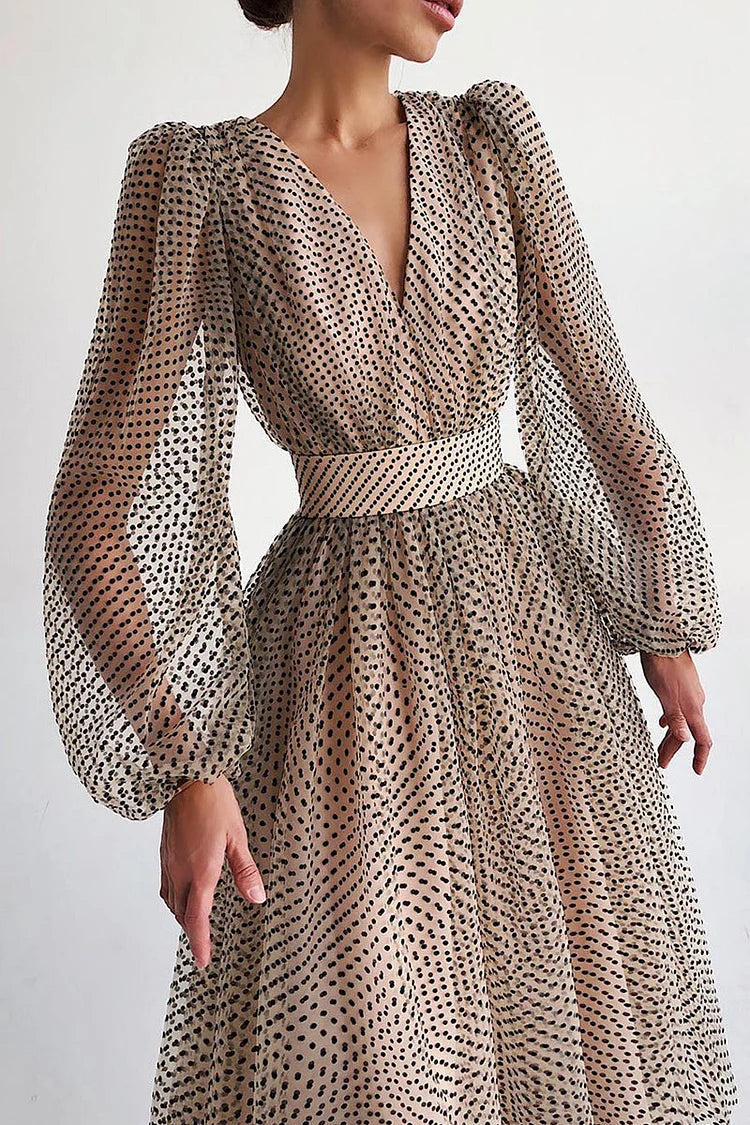 Vestito Donna Portafoglio Midi a Pois – Maniche a Sbuffo e Scollo a V