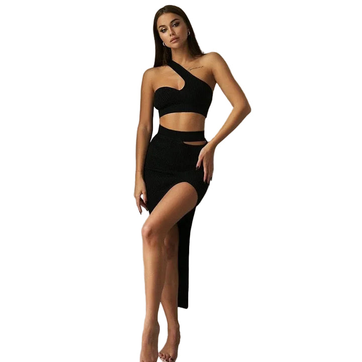 Zweiteiliges Damen-Set aus geripptem Strick – asymmetrisches Top & Bodycon-Rock