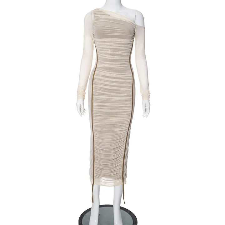 Langes Damenkleid Bodycon – Asymmetrischer Ausschnitt, Ein-Schulter-Design, Lange durchsichtige Ärmel
