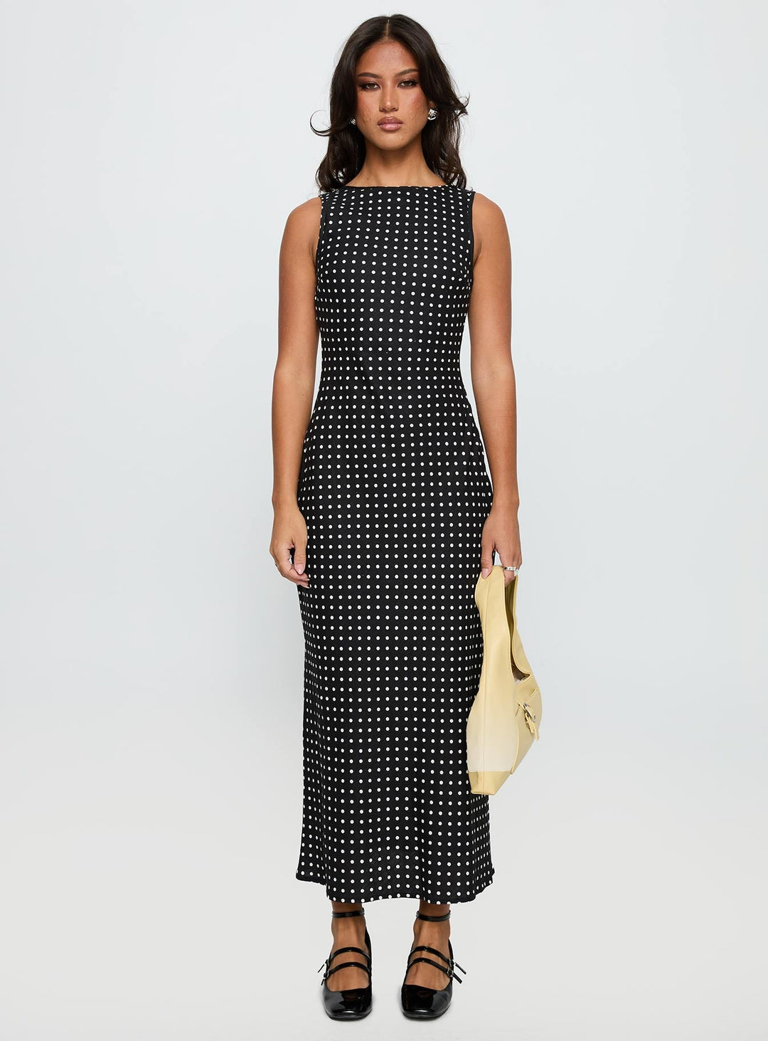 Women's Sleeveless Midi Dress with Polka Dots – Round Neck, Flowing Silhouette
