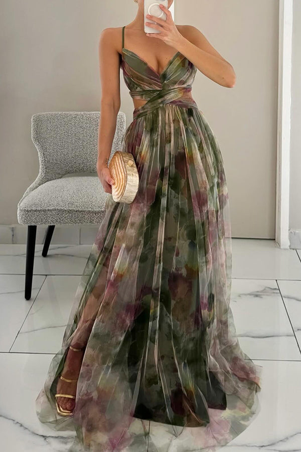 Abito maxi donna in mesh floreale – busto aderente gonna fluida
