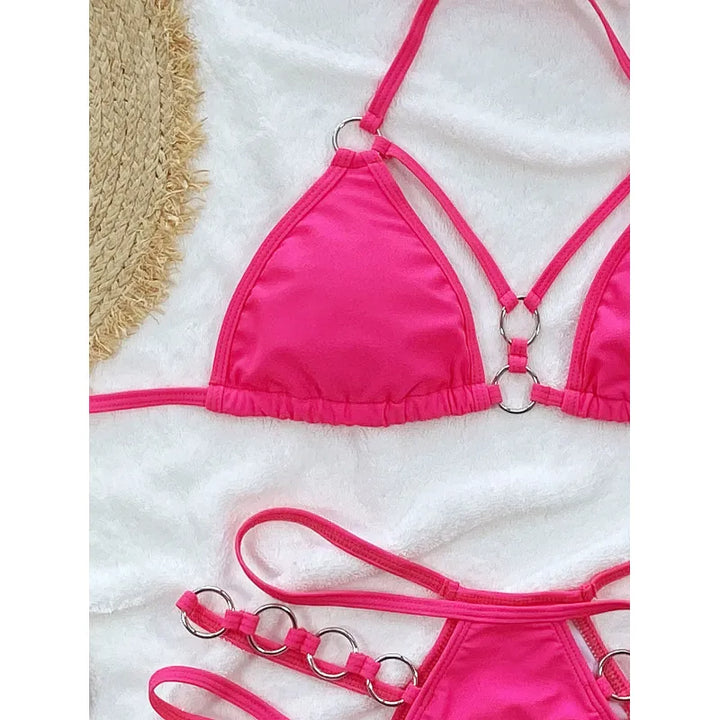 Zweiteiliger Damenbikini mit Trägern – Mesh-Ausschnitte und Metallring