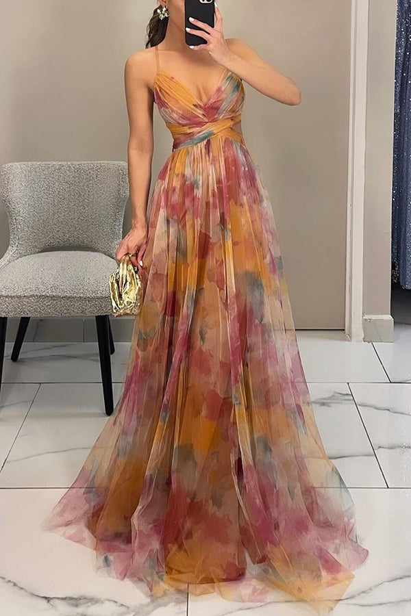 Abito maxi donna in mesh floreale – busto aderente gonna fluida