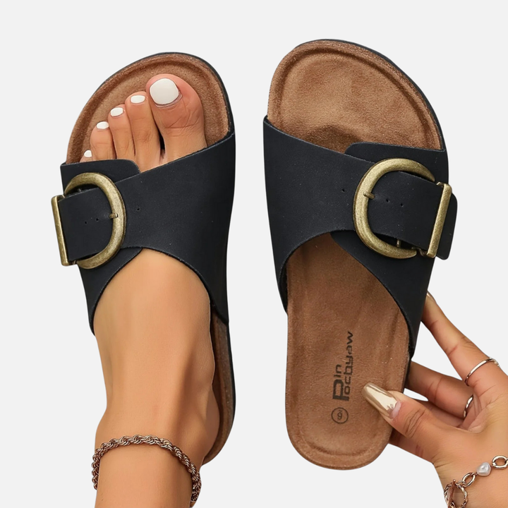 Damen orthopädische flache Sandalen – zum Hineinschlüpfen, offene Spitze, gepolsterte Sohle