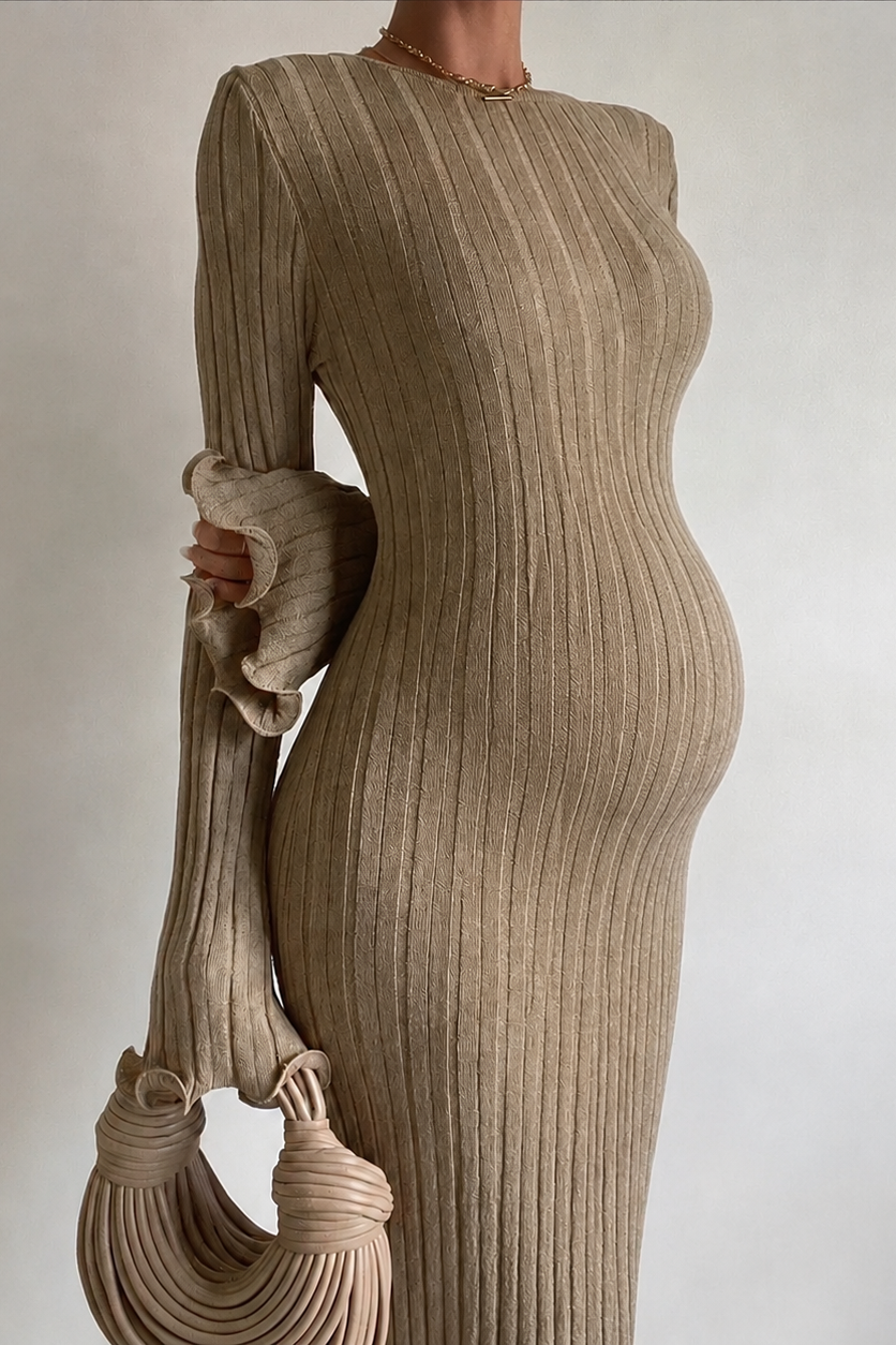 Umstandsstrickkleid für Damen aus geripptem Strick – Langärmlig, taillierte Passform