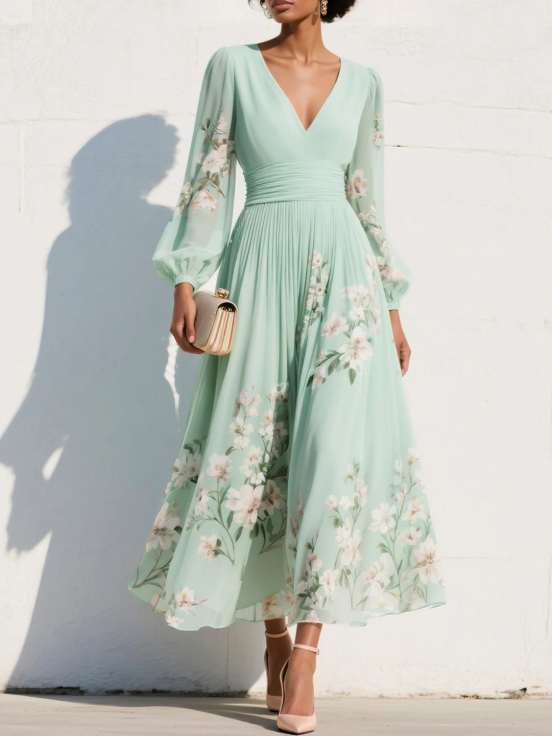 Damen Maxikleid aus Chiffon – Lange Ärmel Ausgestellter, plissierter Schnitt