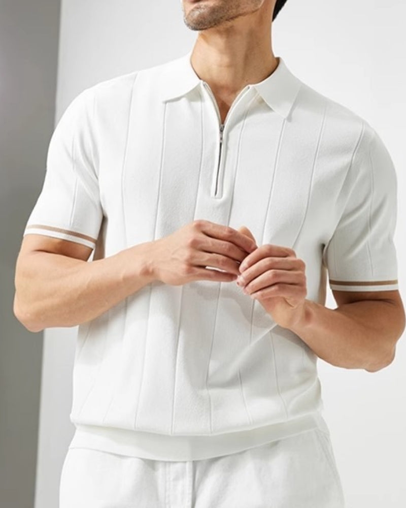 Polo uomo in maglia a righe – Collo con zip e polsini a contrasto