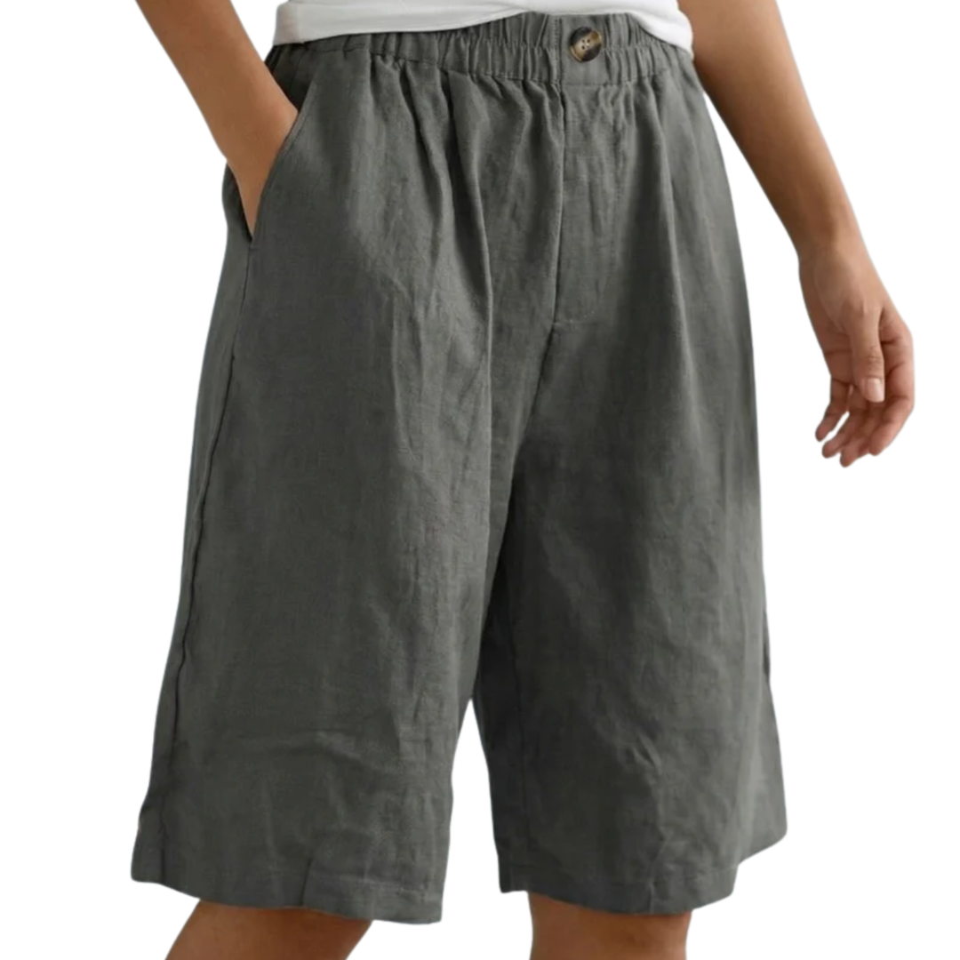 Kurze Damenhose mit hoher Taille aus Baumwoll-Leinen-Mischung – Lässiger Schnitt