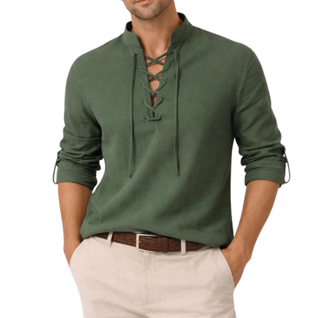 Camicia Uomo Maniche Lunghe – Collo alla Coreana con Lacci Cotone Traspirante