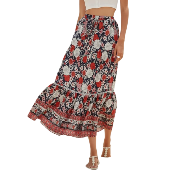 Maxi-Rock für Damen mit Blumenmuster aus Rayon-Mischung – Hohe Taille mit Kordelzug