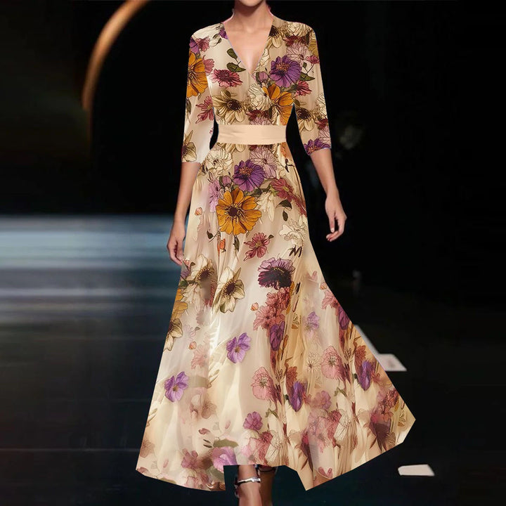 Maxikleid Damen A-Linie mit Blumen – V-Ausschnitt tailliert