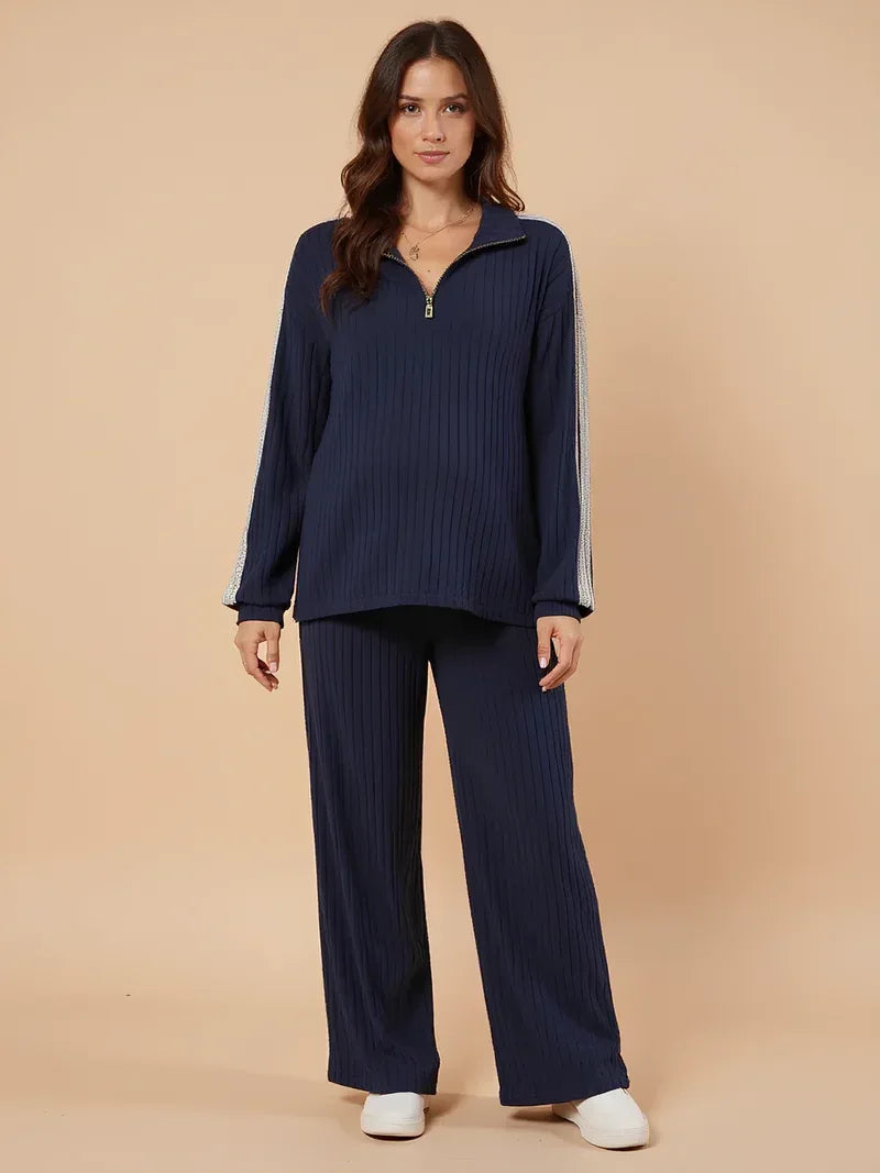 Ensemble Côtelé Femme Deux Pièces – Col Zippé Coupe Ample