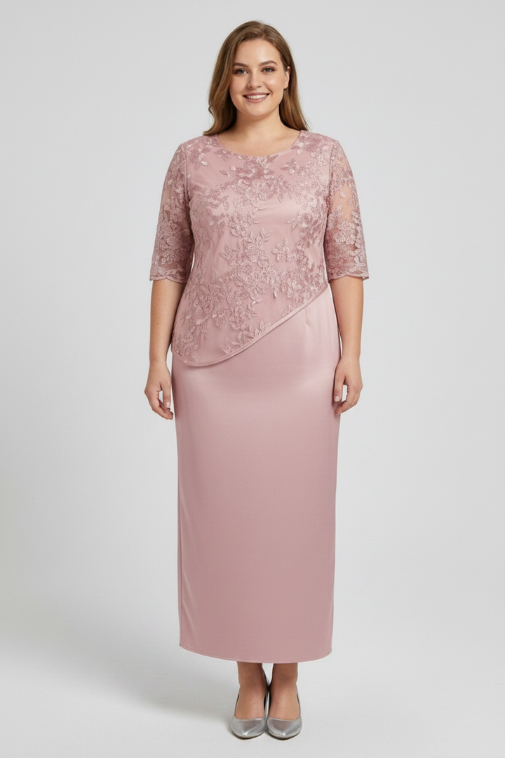 Robe Midi Femme à Broderie Florale – Manches en Dentelle Coupe Droite