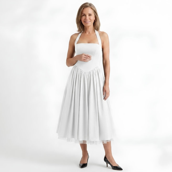 Midi-Kleid für Damen, trapezförmig, rückenfrei – tailliertes Bustier, ausgestellter Schnitt