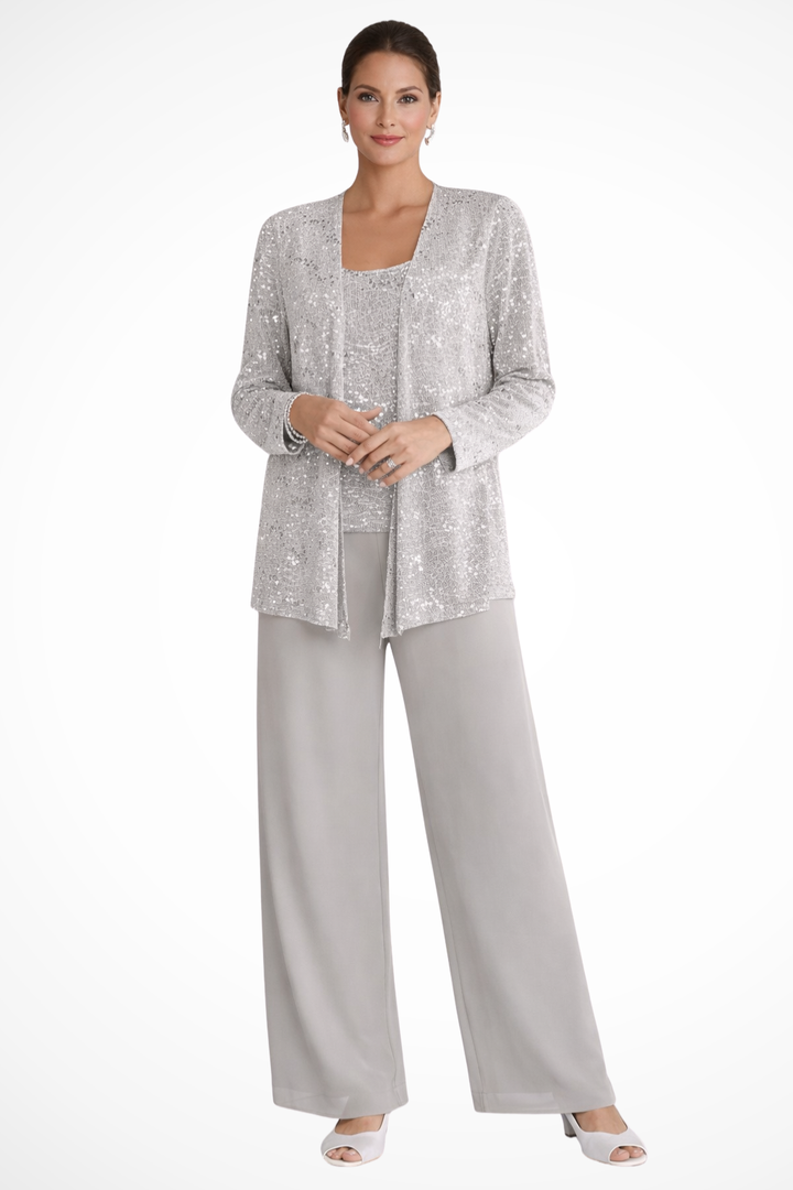 Completo Donna Tre Pezzi con Paillettes e Pizzo – Pantaloni Larghi
