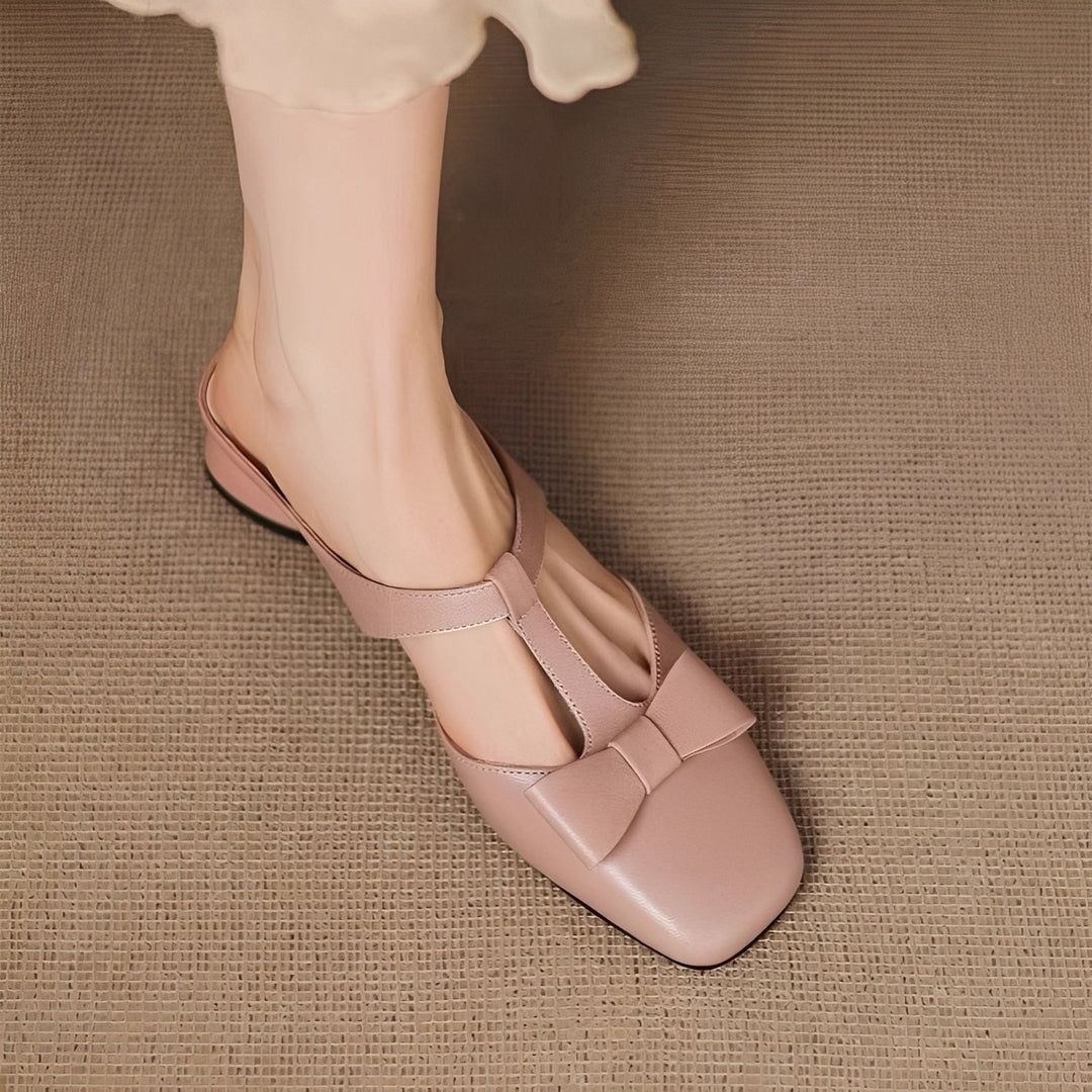 Women's Block Heel Mules with Bow – Square Toe and T-Strap