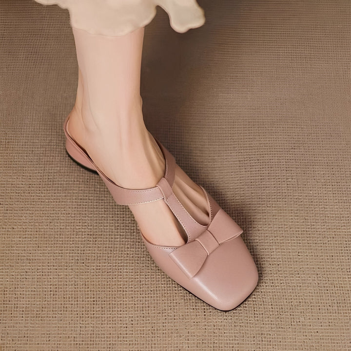 Women's Block Heel Mules with Bow – Square Toe and T-Strap