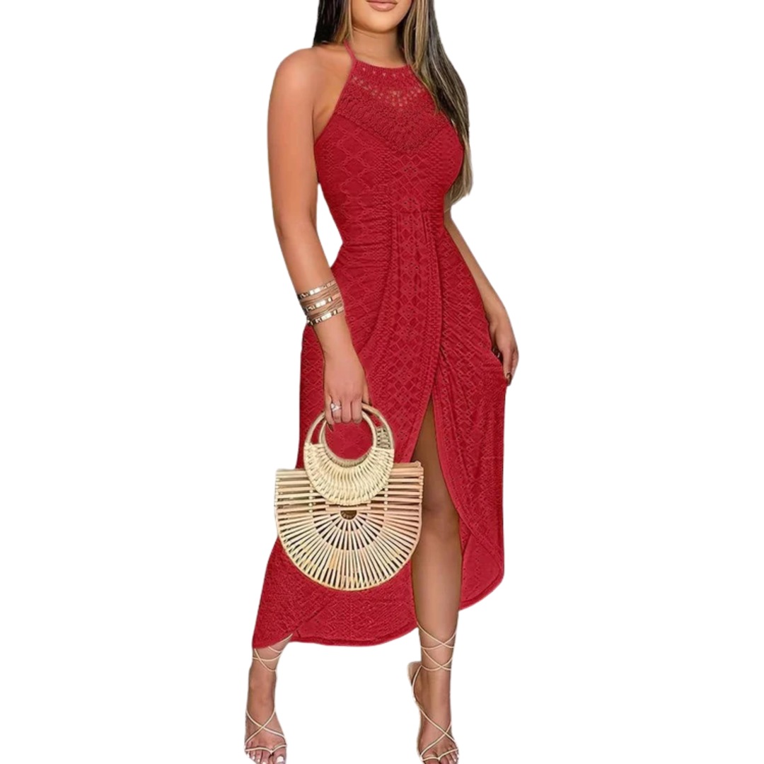 Midi-Spitzenkleid für Damen – Neckholder mit Frontschlitz